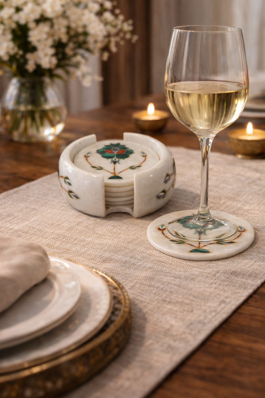 Khumali Crafts Classic White Marble Coaster